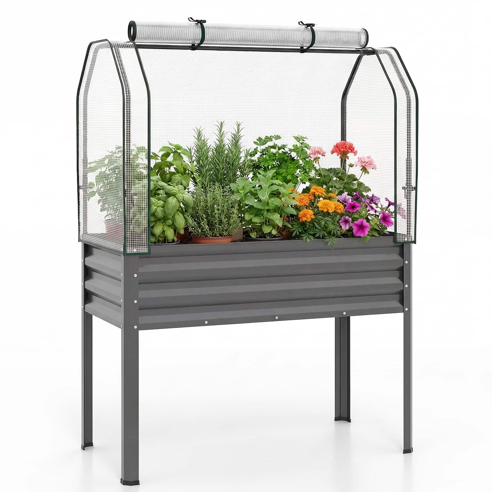 Costway - 1 PCS Galvanized Raised Garden Bed with Legs Greenhouse Cover Roll-up Door for Vegetable - Gray
