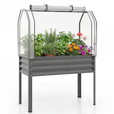 Front. Costway - Costway 1 PCS Galvanized Raised Garden Bed with Legs Greenhouse Cover Roll-up Door for Vegetable - Gray.