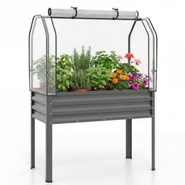 Costway - 1 PCS Galvanized Raised Garden Bed with Legs Greenhouse Cover Roll-up Door for Vegetable - Gray