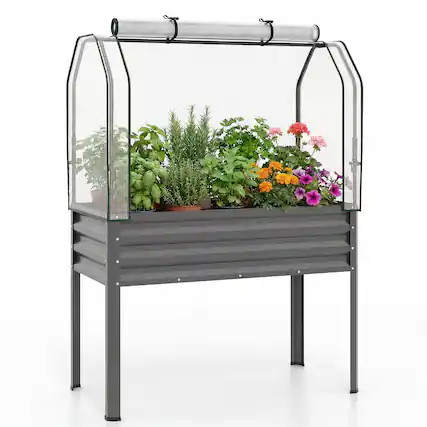 Front. Costway - Costway 1 PCS Galvanized Raised Garden Bed with Legs Greenhouse Cover Roll-up Door for Vegetable - Gray.