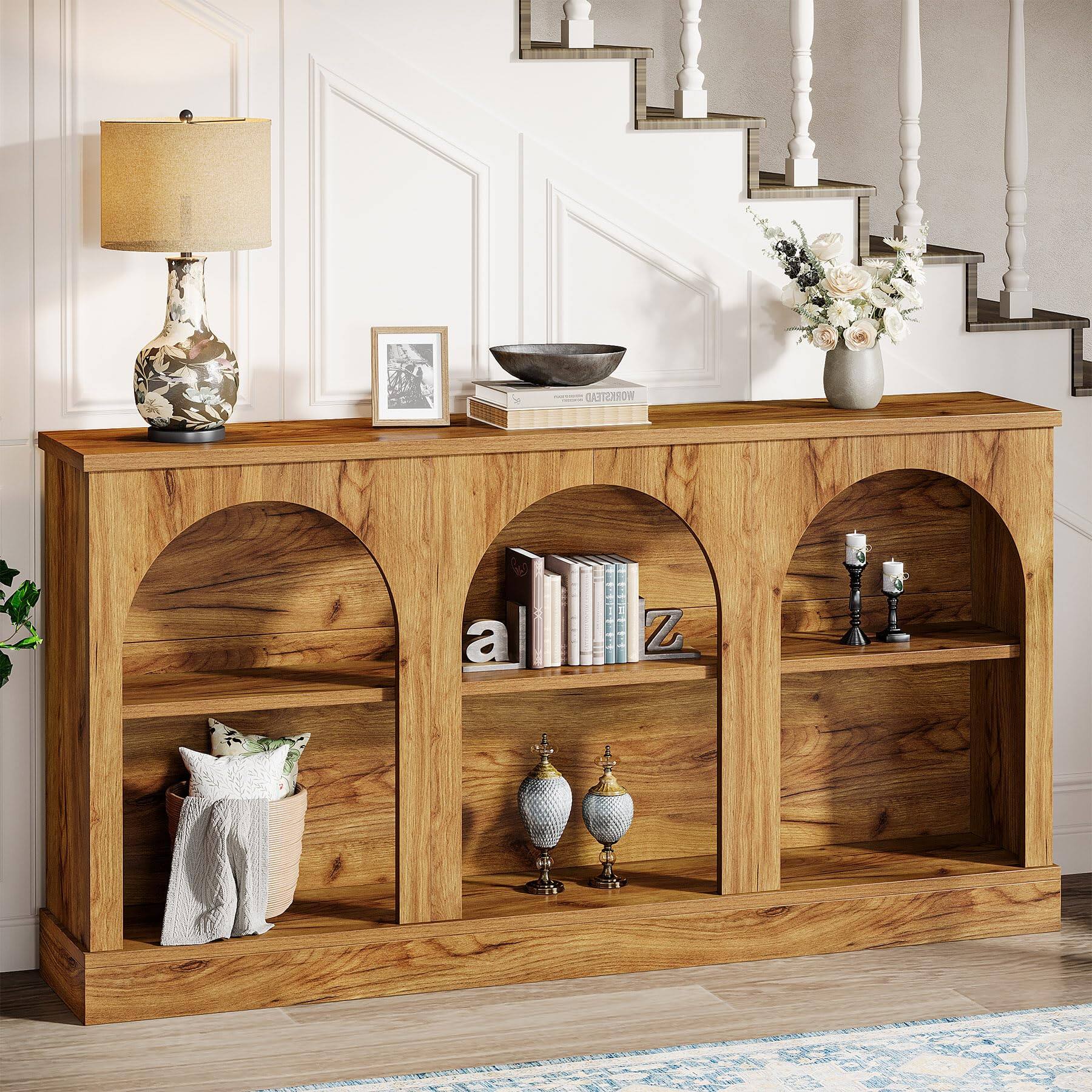 Left. Tribesigns - Console Table with Storage, 63" Long Arched Entryway Table - Natural Wood.