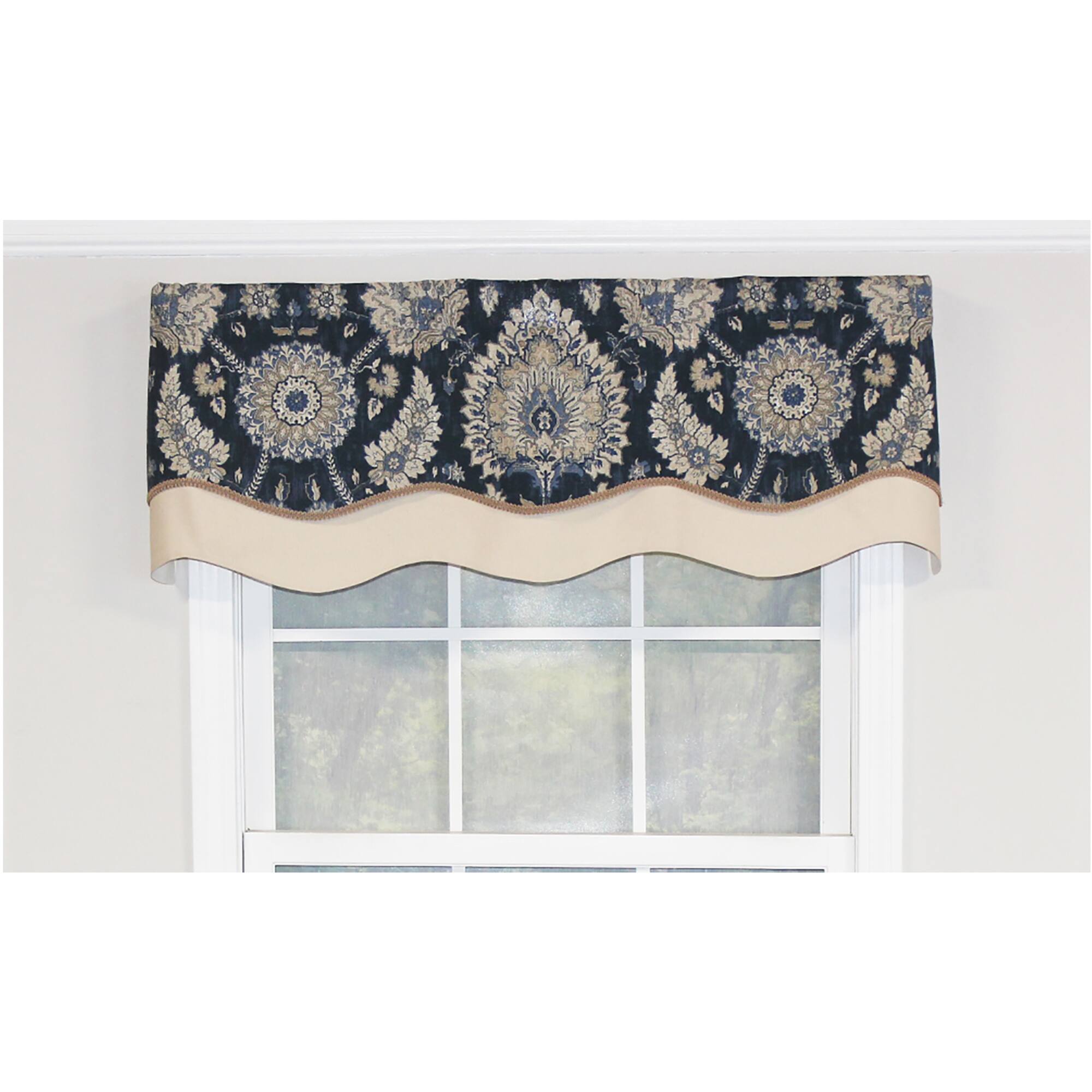 Angle. RLF Home - RLF Home Wakeshire Glory Valance Indigo. 3" Rod Pocket, Layered, Trimmed. 50" x 16" - Indigo.
