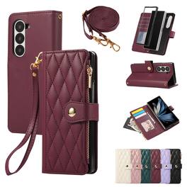 Dteck - Shockproof Wallet Case for Samsung Galaxy Z Fold7 with Crossbody Strap, Zipper Pocket PU Leather TPU Folio Stand Cover - Winered