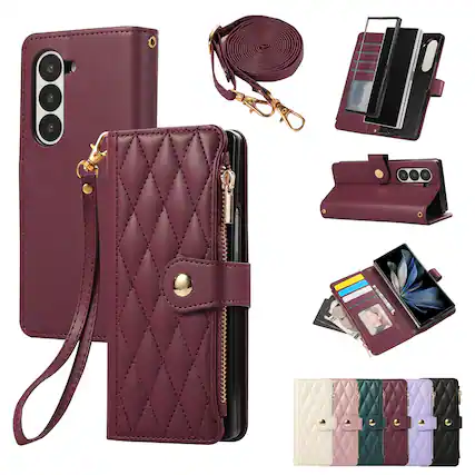 Front. Dteck - Shockproof Wallet Case for Samsung Galaxy Z Fold7 with Crossbody Strap, Zipper Pocket PU Leather TPU Folio Stand Cover - Winered.