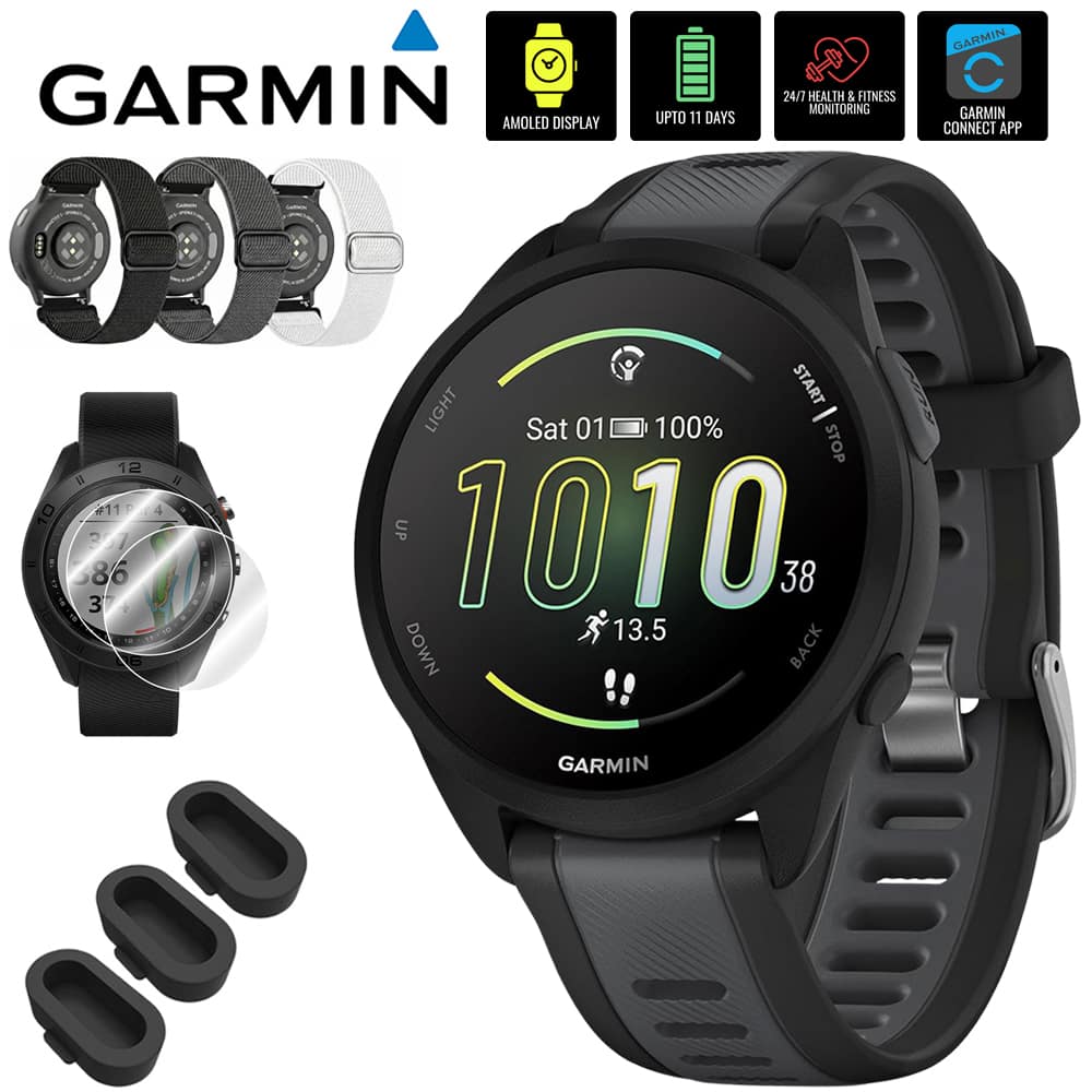 Garmin - Forerunner 165 Smart Sport Watch, Black + Slate Gray w/ Accessories Bundle - Black/Slate Gray - (2024)
