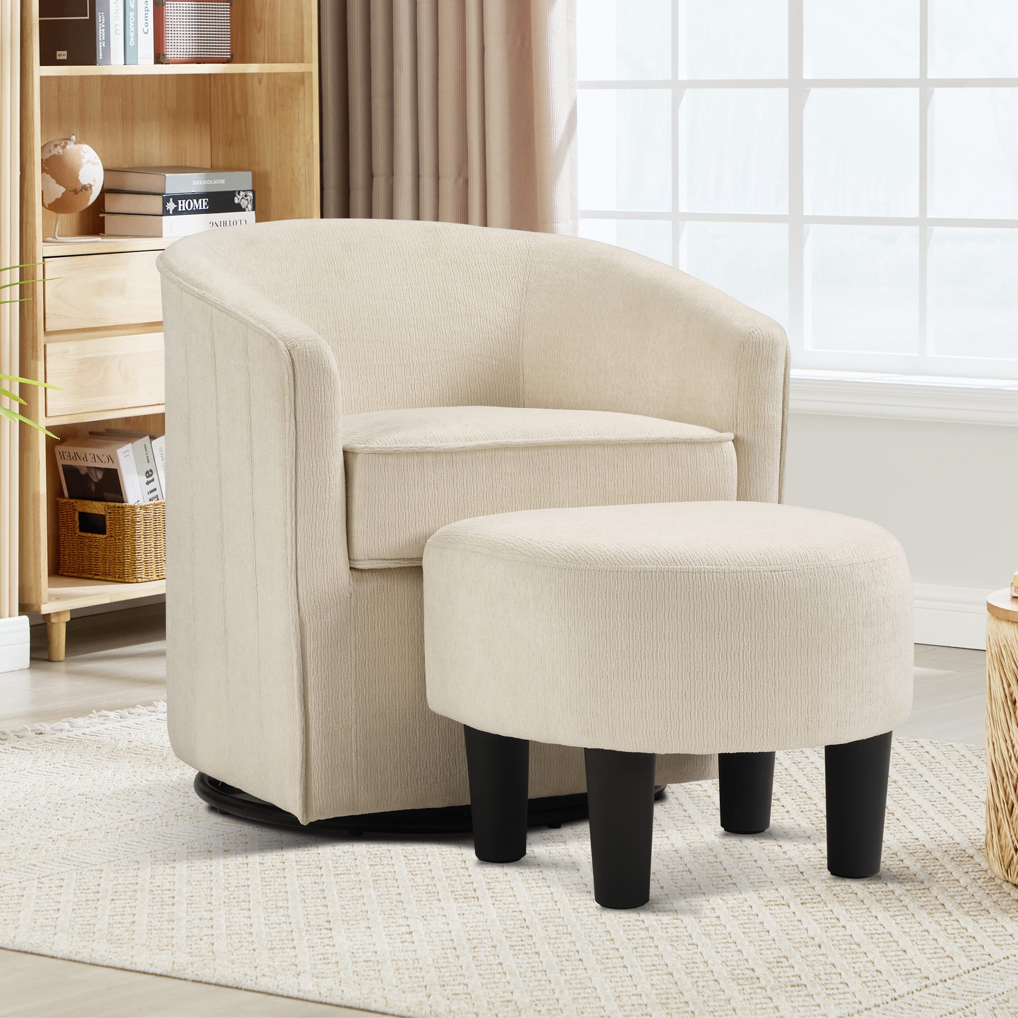 Bestier - Swivel Accent Chair with Ottoman, Barrel Club Chair with Simple Line Design for Living Room Bedroom Reading Chair - White