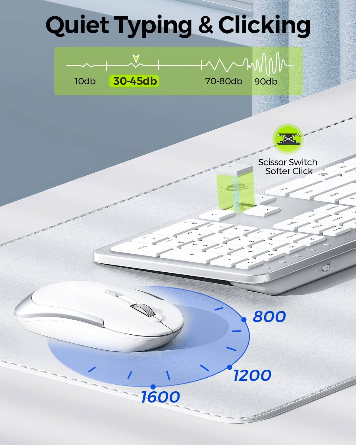 Quiet Typing & Clicking

10db 30-45db 70-80db 90db

Scissor Switch Softer Click

800 1200 1600