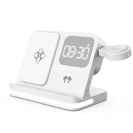 Front. YONWAY - Wireless Charging Station, Fast Wireless Charger Stand with Time Display and Alarm Clock for iPhone, Watches, Airpods.
