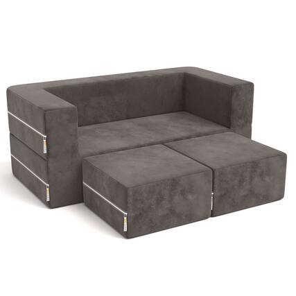 Front. Jaxx - Jaxx Zipline Kids Modular Loveseat & Ottomans/Fold Out Lounger, Charcoal - Charcoal.