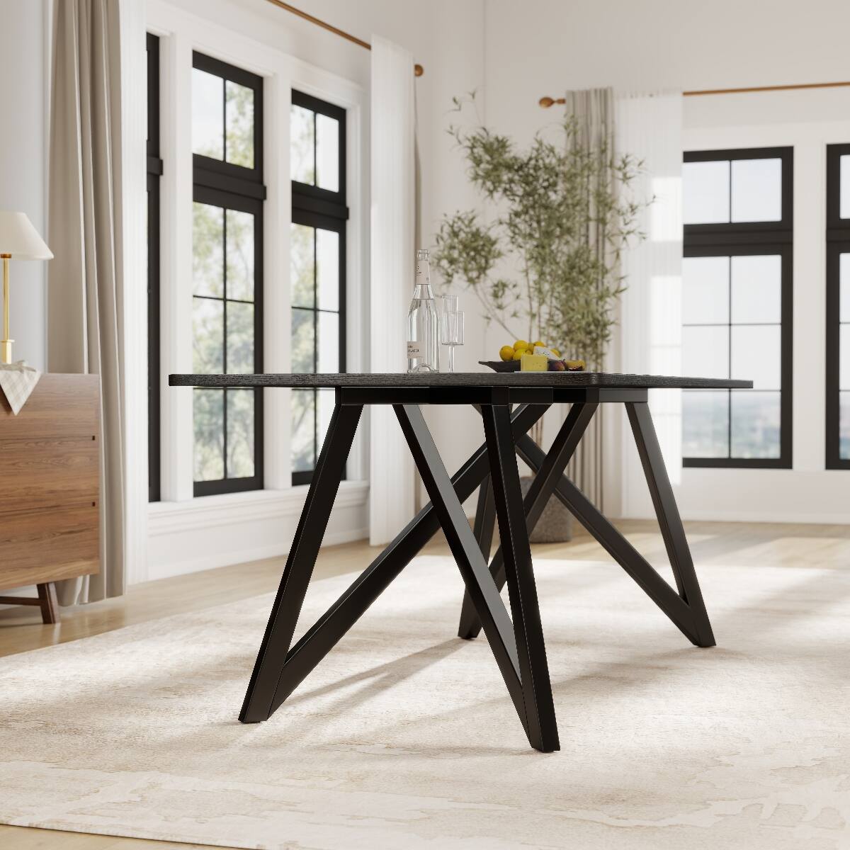 Left. Loheer - Loheer 70-Inch Black Rectangular Dining Table with Tripod Cross Legs - Black.
