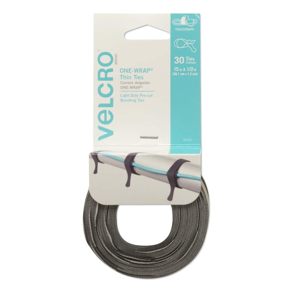 Velcro - 94257 ONE-WRAP 0.5 in. x 15 in. Pre-Cut Thin Ties - Black/Gray (30/Pack) - Black; Gray