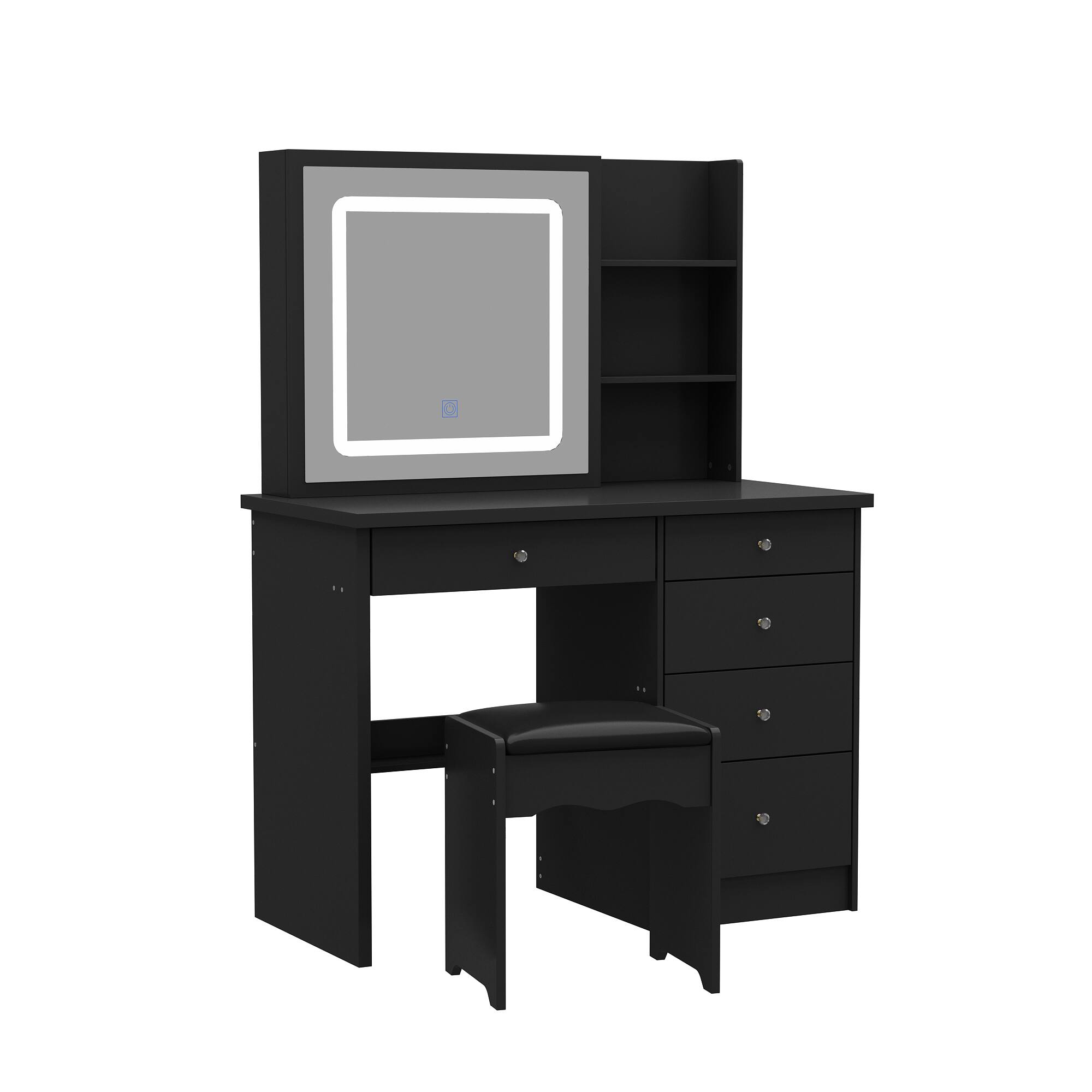 Angle. Famapy - Vanity Table with Sliding LED Mirror & Hidden Storage For Bedroom Beauty Organizer Dresser - Black.