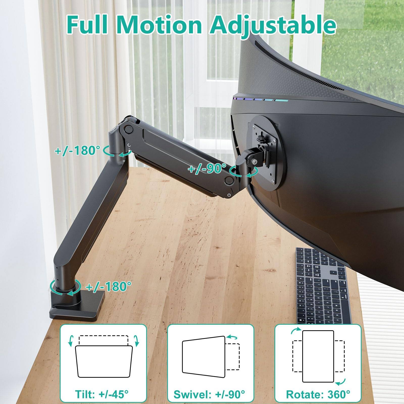Full Motion Adjustable

+/-180°
+/-90°
+/-180°

Tilt: +/-45°
Swivel: +/-90°
Rotate: 360°