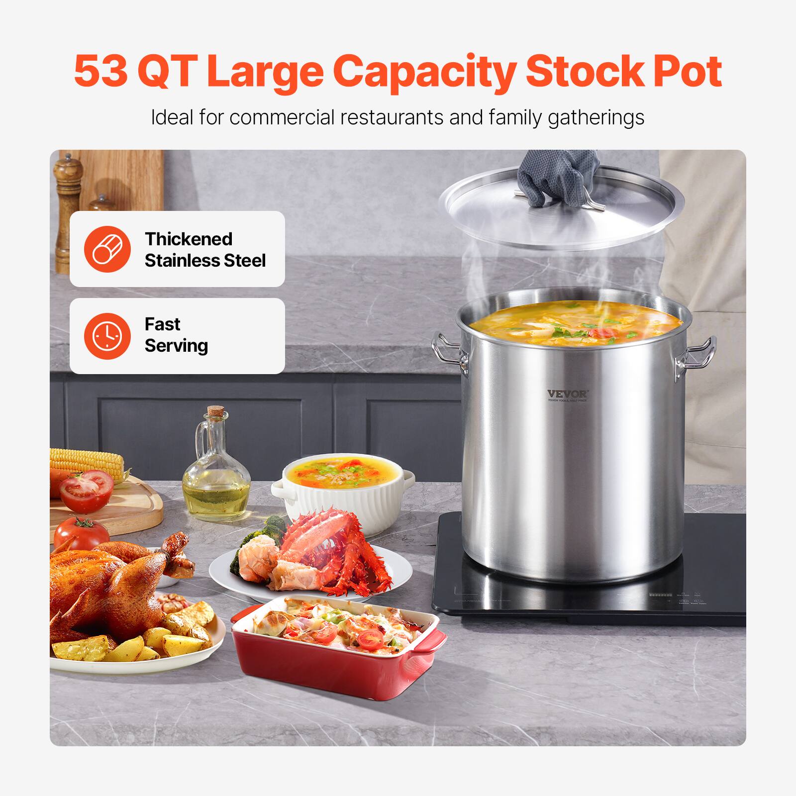 53 QT Large Capacity Stock Pot  
Ideal for commercial restaurants and family gatherings  

- Thickened Stainless Steel  
- Fast Serving  

VEVOR