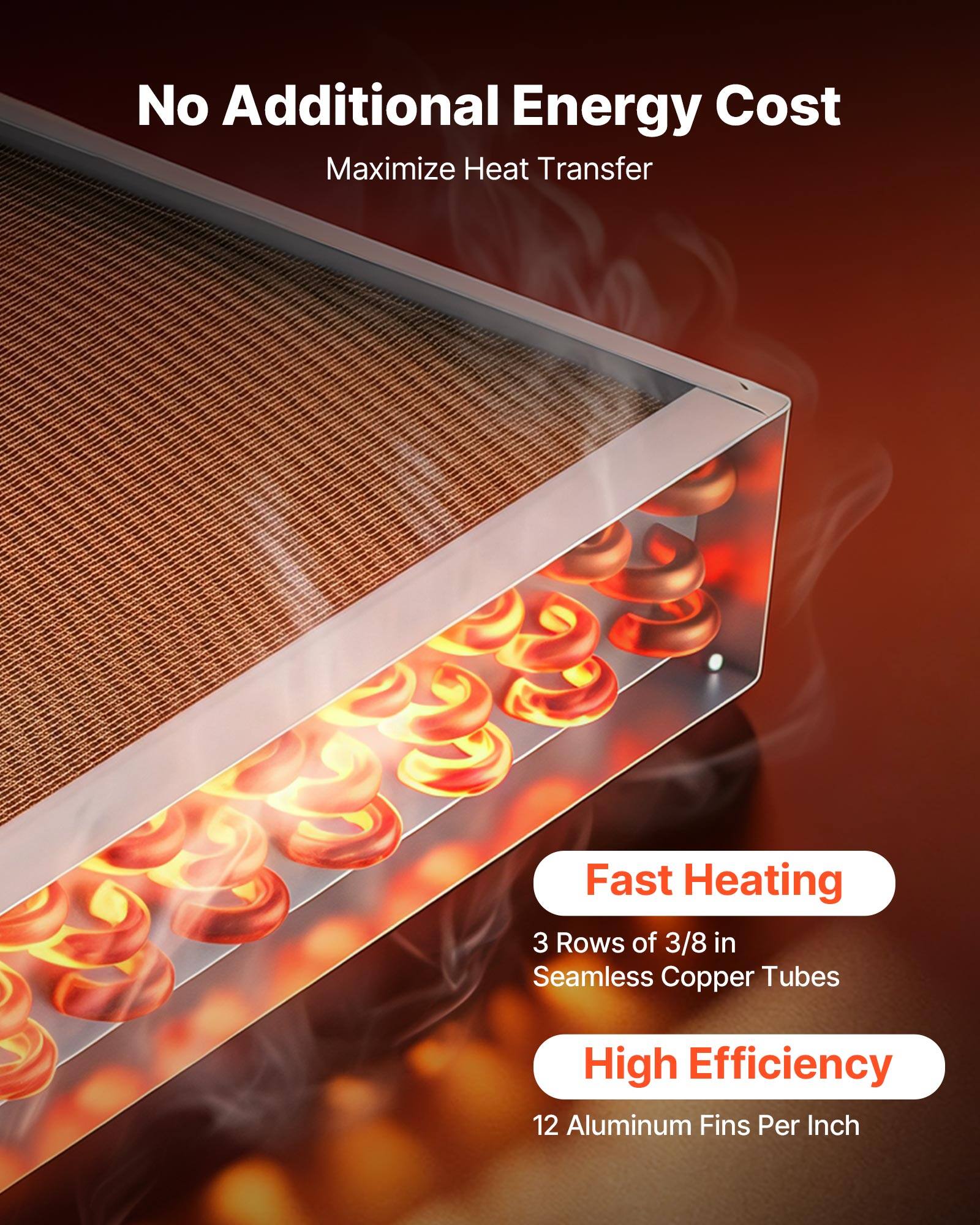 No Additional Energy Cost  
Maximize Heat Transfer  

Fast Heating  
3 Rows of 3/8 in Seamless Copper Tubes  

High Efficiency  
12 Aluminum Fins Per Inch