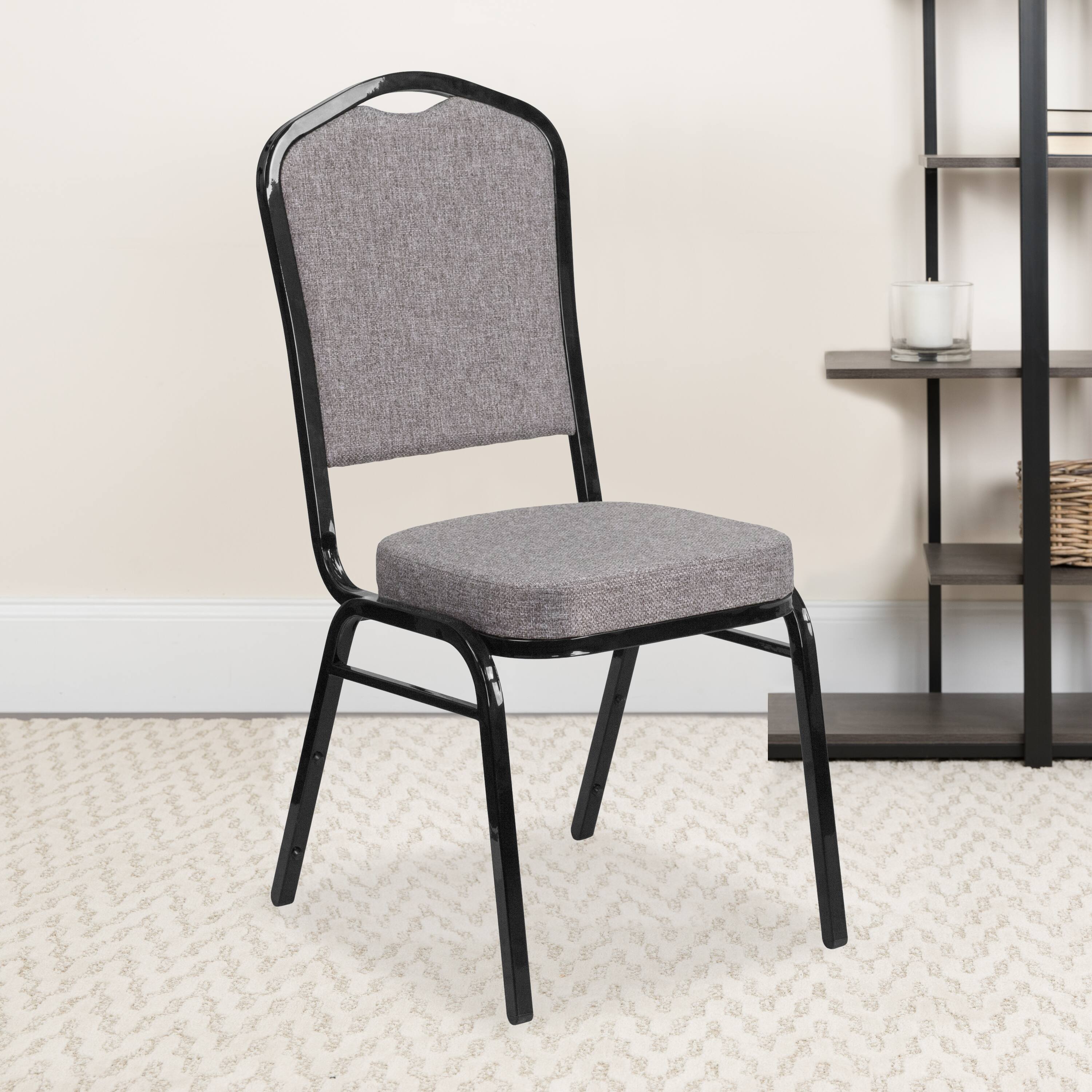 Alt View 2. Emma + Oliver - 4 Pack Crown Back Stacking Banquet Chair - Gray Fabric/Black Frame.