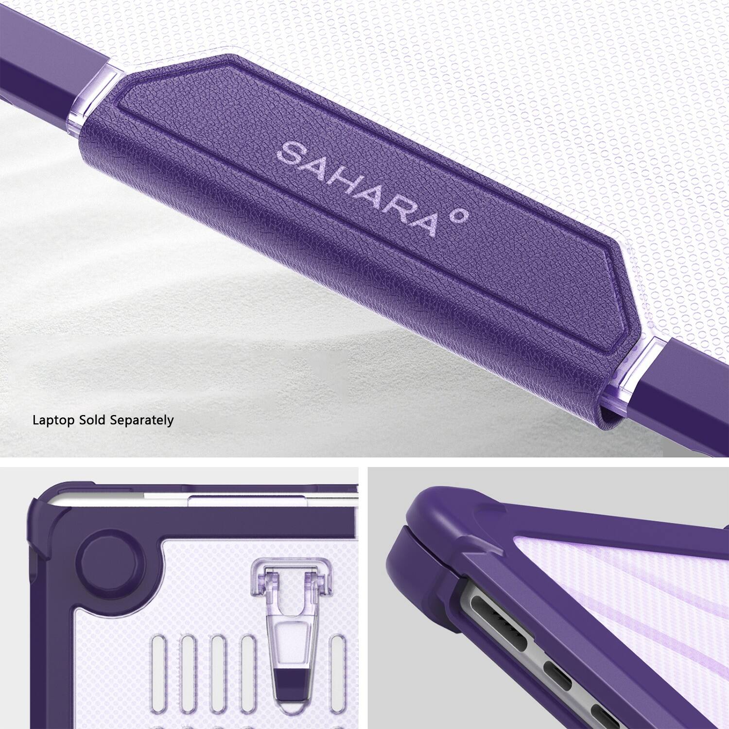 The image features a purple laptop case with a Sahara logo on it. The case is designed to hold a laptop, which is sold separately. The case is shown in various positions, including a close-up view and a side view, highlighting its features and design. The Sahara logo is prominently displayed on the case, indicating the brand's association with the product.
