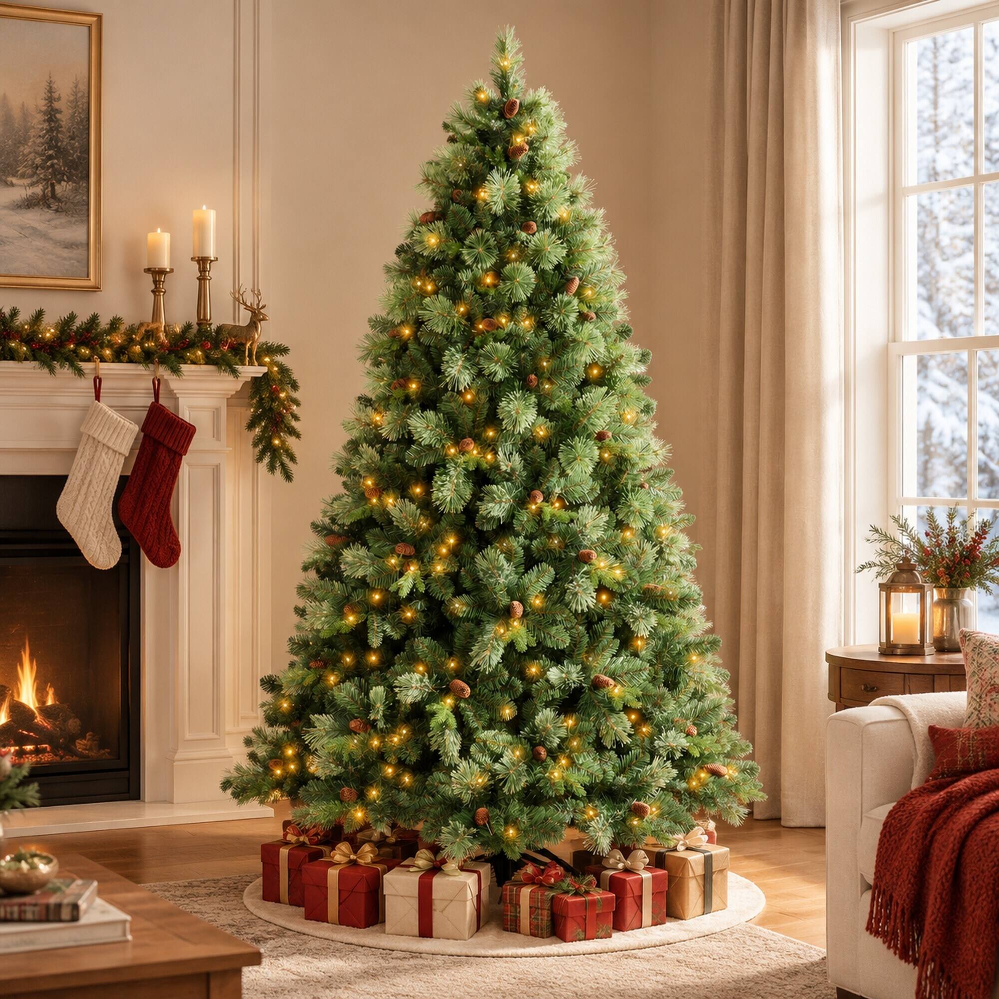 Left. RYHNUYNE - 8FT Pre-Lit Artificial Christmas Tree With 660 Warm White LED Lights and 1897 Tips, Pine Cones and Iron Base - Green.