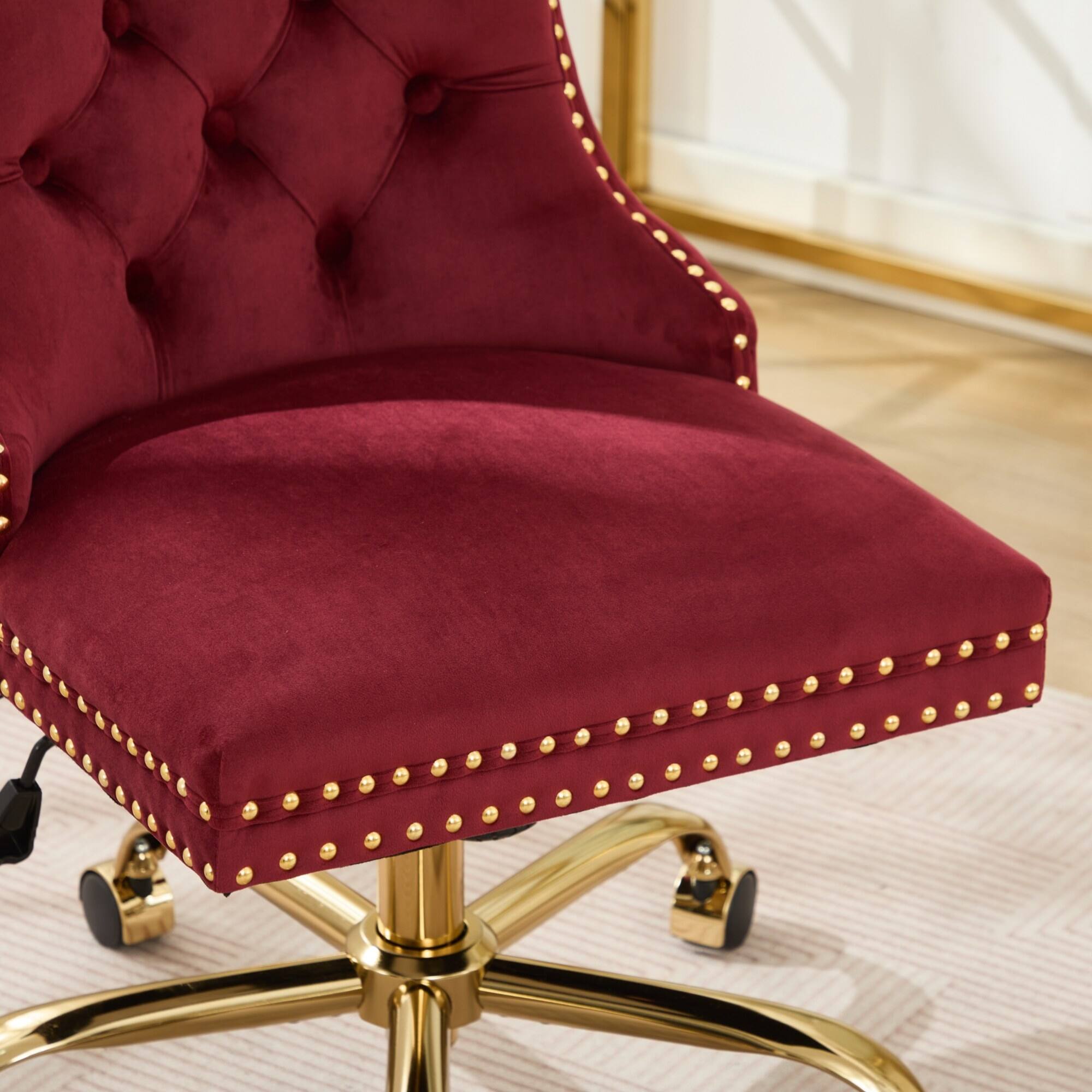 Alt View 7. GOODSILO - Modern Velvet Upholstered Office Chair with Tufted Button Design and Golden Metal Base for Home Workspace - Wine Red.