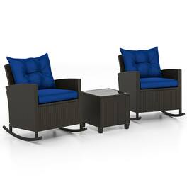 Gymax - Set of 3 Wicker Rocking Set w/ Tempered Glass Table Patio Outdoor - Navy