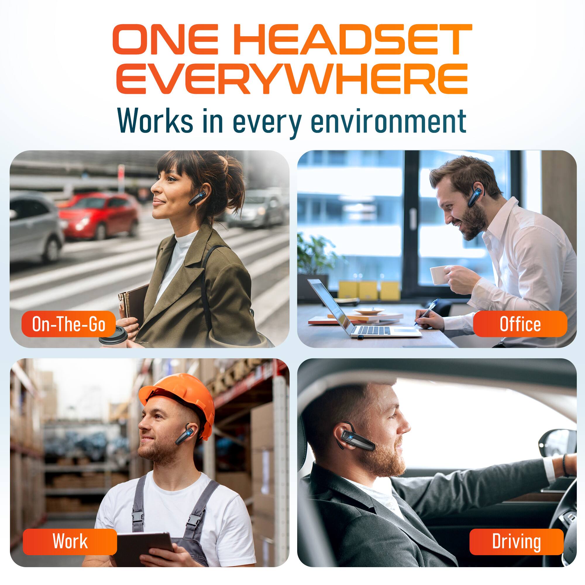 ONE HEADSET EVERYWHERE  
Works in every environment  

On-The-Go  
Office  
Work  
Driving