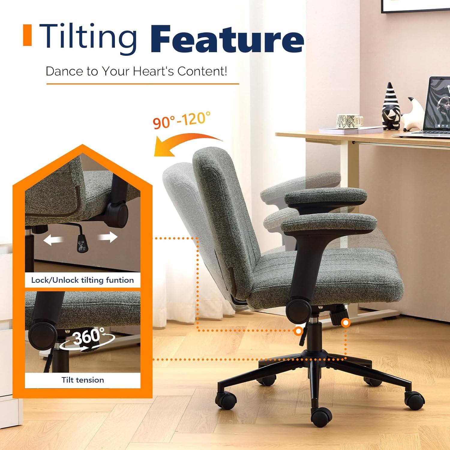 Tilting Feature  
Dance to Your Heart's Content!  

90°-120°  

Lock/Unlock tilting function  

360° Tilt tension