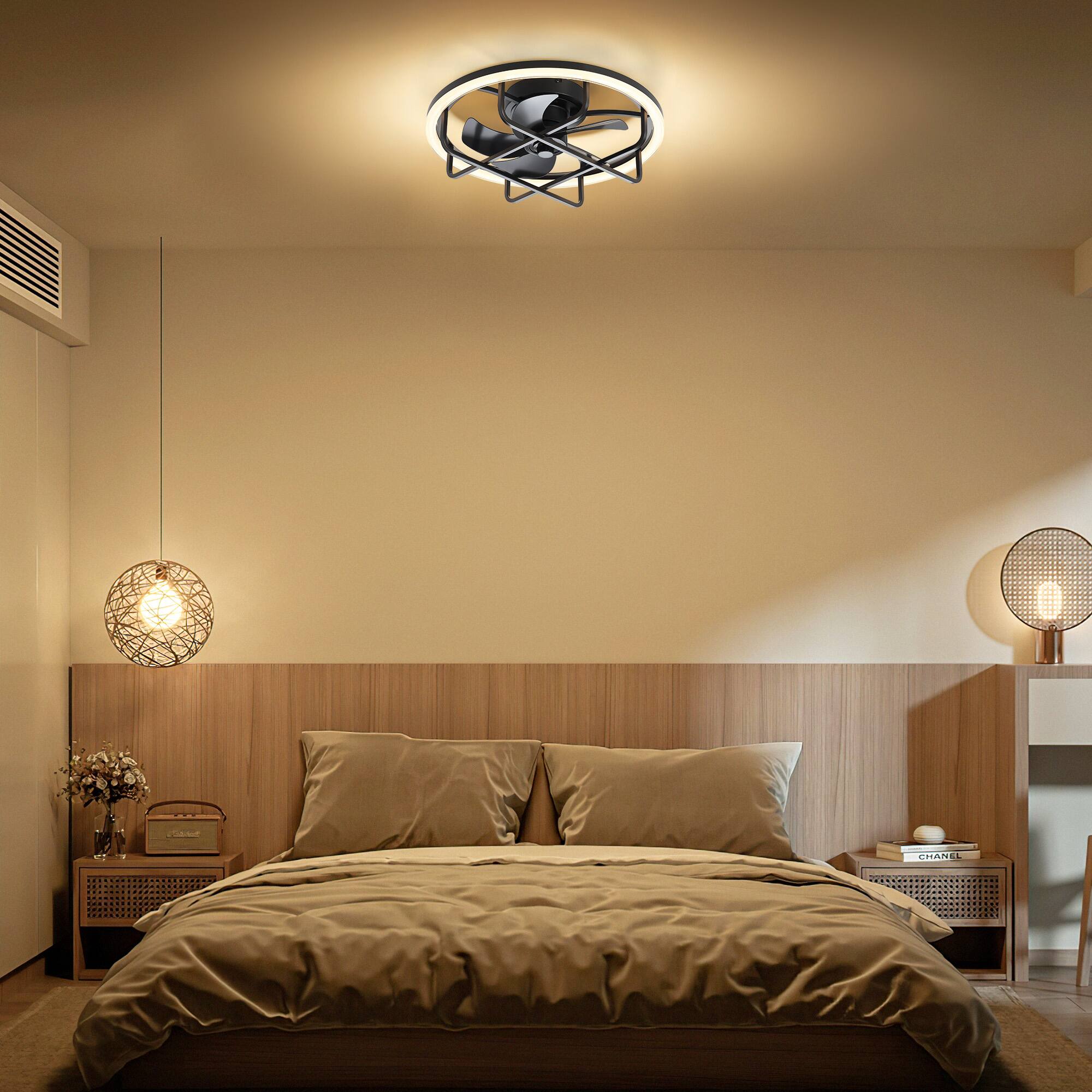 Alt View 1. Breezary - 20-Inch Caged Flush Mount Ceiling Fan with Acrylic Shade, Dimmable RGB LED, 6-Speed Remote, Timer, DC Motor - 20-Inch Black Caged Ceiling Fan.