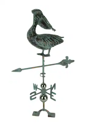 Front. Zeckos - Verdigris Patina Metal Pelican Weather Vane with Roof Mount - Green.