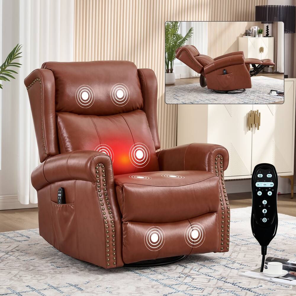 Alt View 6. Ropilly - Ropilly Red Genuine Leather Recliner Swivel Rocker Massage Chair with Lumbar Heat - Red.