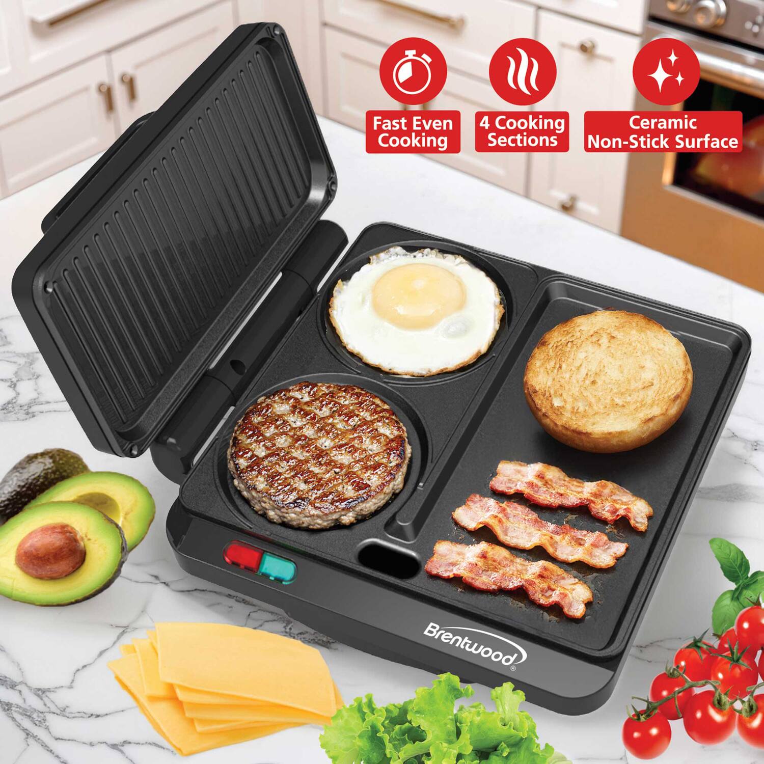 Fast Even Cooking  
4 Cooking Sections  
Ceramic Non-Stick Surface  
Brentwood