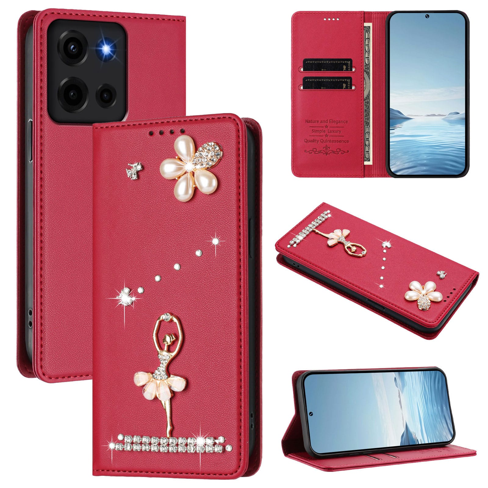Dteck - 3D Bling Ballerina Wallet Case for Motorola Moto G Play (2026), RFID Blocking PU Leather Flip Cover with Card Slots - Red