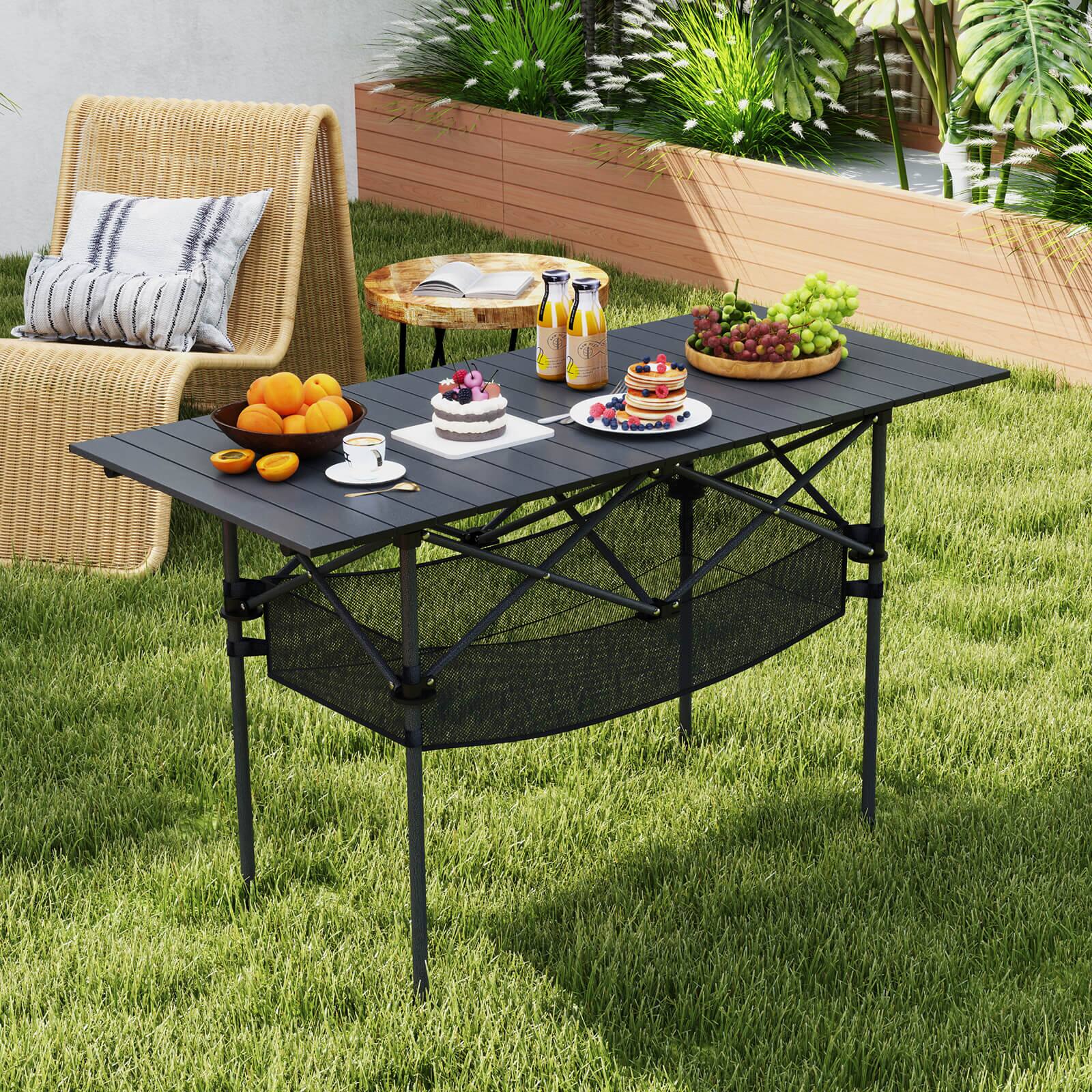 Alt View 1. Costway - Costway Patio Folding Camping Table with Aluminum Roll-up Tabletop & Mesh Basket - Black.