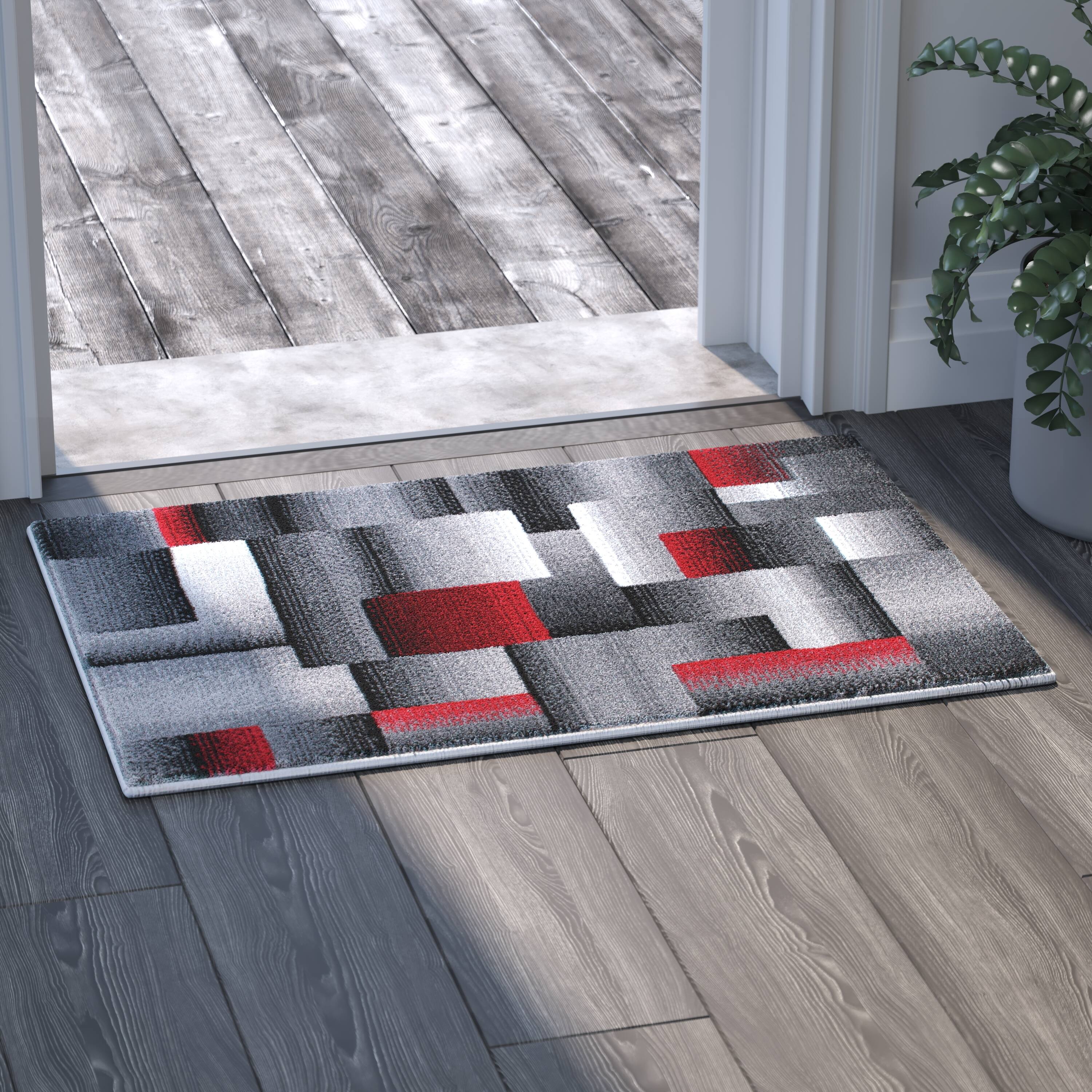 Alt View 2. Emma + Oliver - Malaga Modern Cubist Olefin Accent Runner Rug in Gradient Shades with Natural Jute Backing - Red.