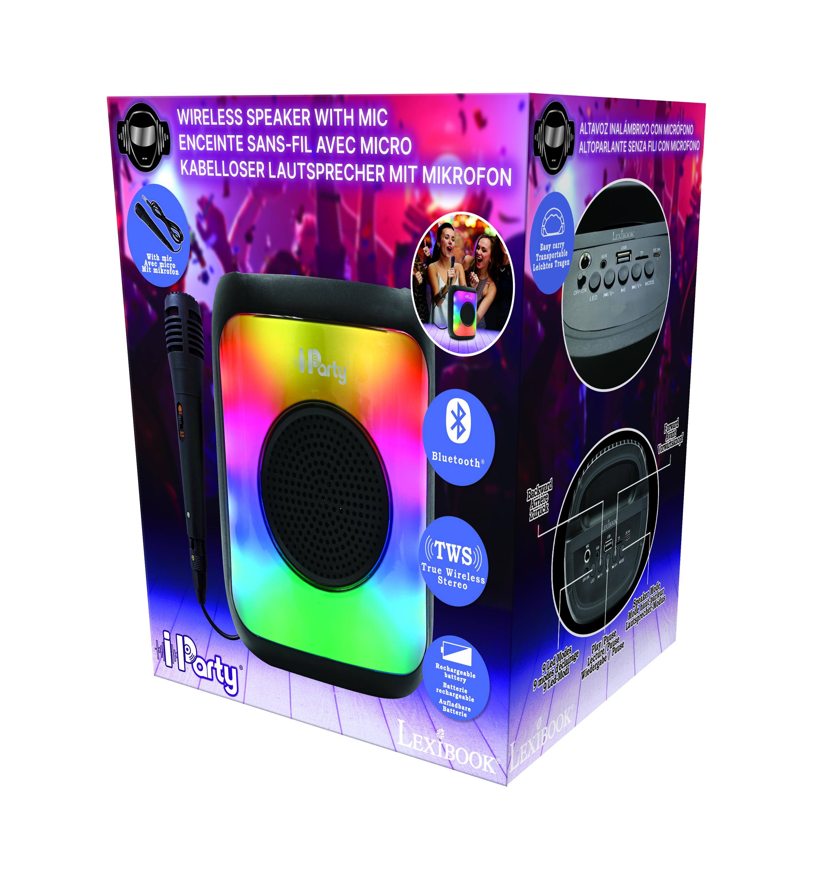 WIRELESS SPEAKER WITH MIC  
ENCEINTE SANS-FIL AVEC MICRO  
KABELLOSER LAUTSPRECHER MIT MIKROFON  
ALTAVOZ NAL AMERICO CON MICROFONO  
AL TOPARLANT ANTE SENZA FL CON MICROFONO  

iParty Bluetooth*  
TWS True Stereo Wireless  

Lexibook