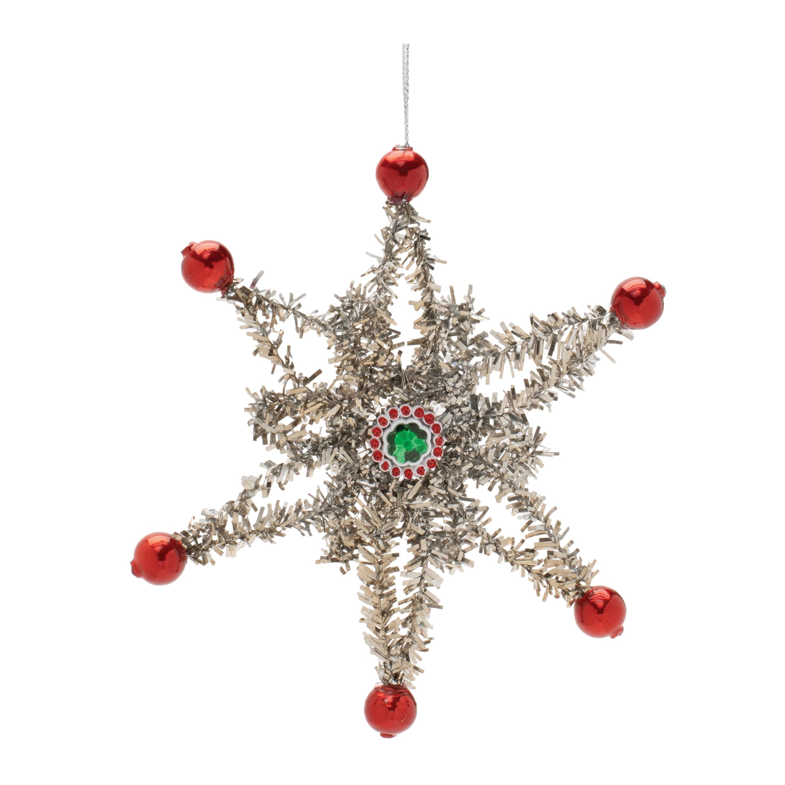 Left. BreeBe - Jeweled Tinsel Snowflake Ornament (Set of 12) - Silver, Green, Red.