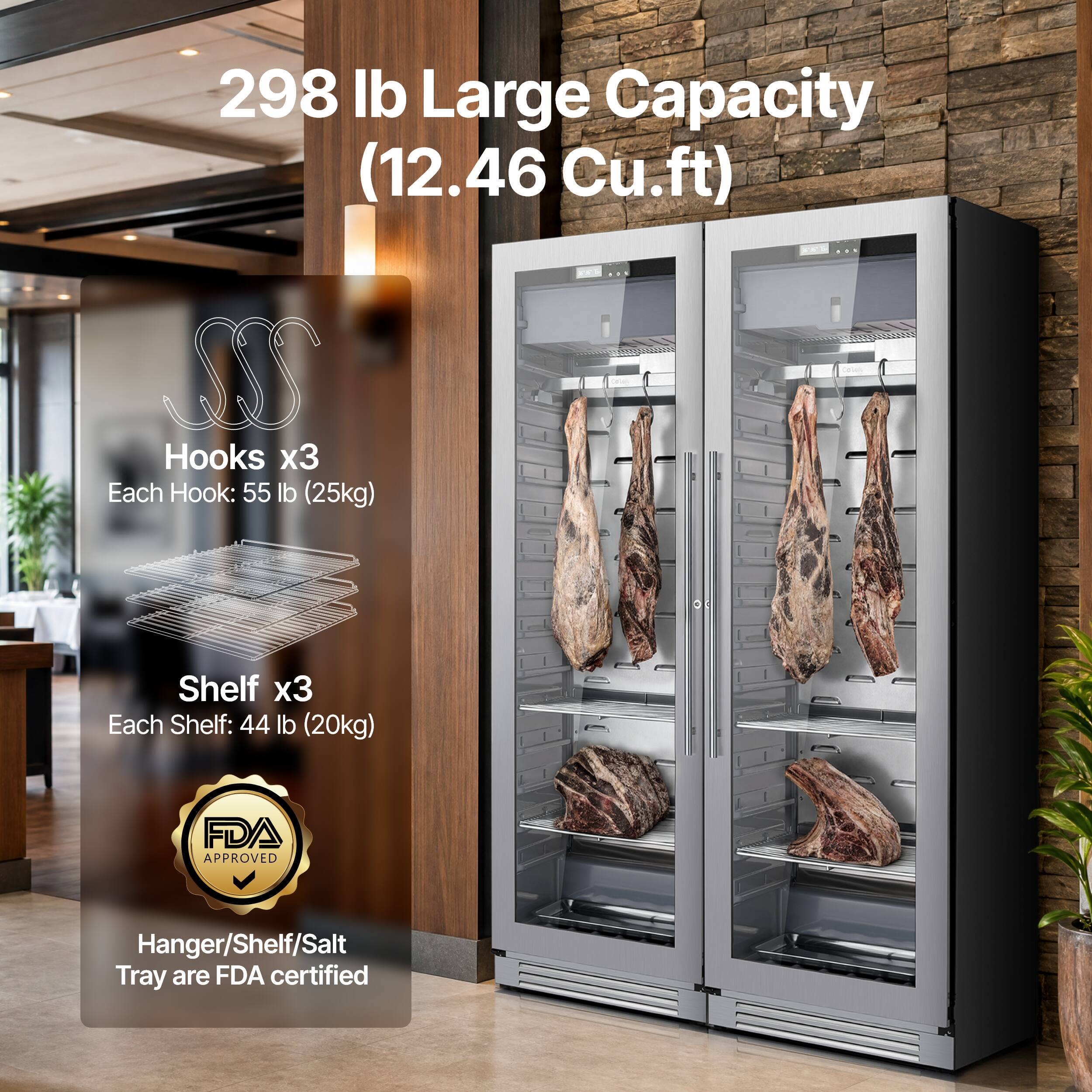 298 lb Large Capacity (12.46 Cu.ft)

Hooks x3
Each Hook: 55 lb (25kg)

Shelf x3
Each Shelf: 44 lb (20kg)

Hanger/Shelf/Salt Tray are FDA certified