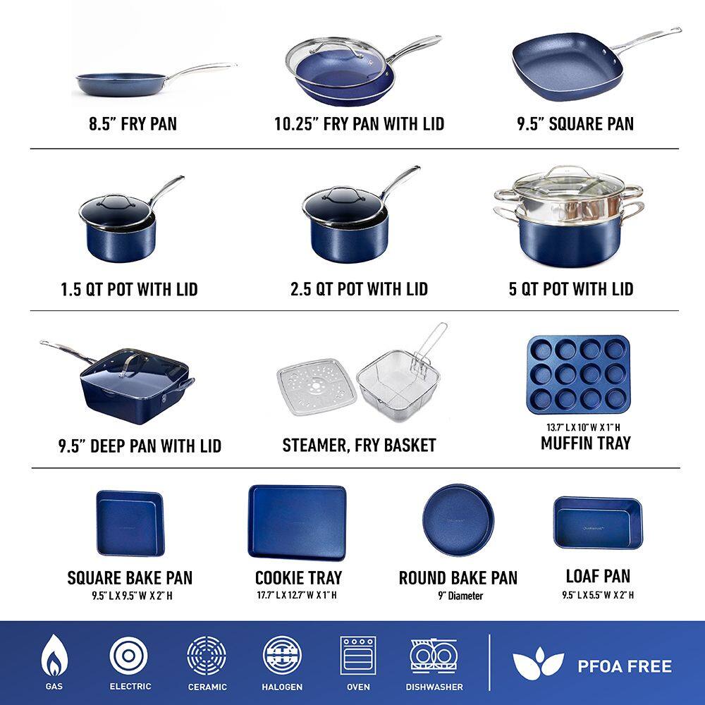 8.5" FRY PAN, 10.25" FRY PAN WITH LID, 9.5" SQUARE PAN, 1.5 QT POT WITH LID, 2.5 QT POT WITH LID, 5 QT POT WITH LID, 9.5" DEEP PAN WITH LID, STEAMER, FRY BASKET, 13.7 LX 10"W X1"H MUFFIN TRAY, SQUARE BAKE PAN 9.5 LX9.5"W X2"H, COOKIE TRAY 17.7" LX 12TW X1H, ROUND BAKE PAN 9 Diameter, LOAF PAN 9.5 LX5.5"W X2"H, GAS, ELECTRIC, CERAMIC, HALOGEN, OVEN, DISHWASHER, PFOA FREE