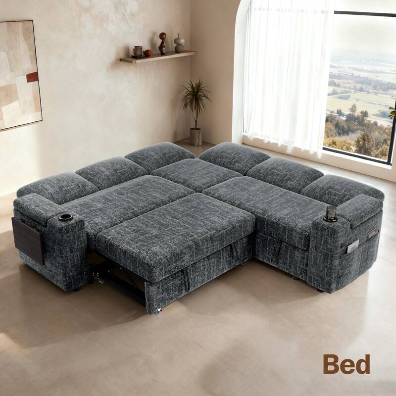 Back. Vipbear - 85" Modular Sectional Sofa with Pull Out Bed,Chenille Fabric 5 Seat Sectional Sleeper Sofa with Storage,for Living Room - Dark Dray.