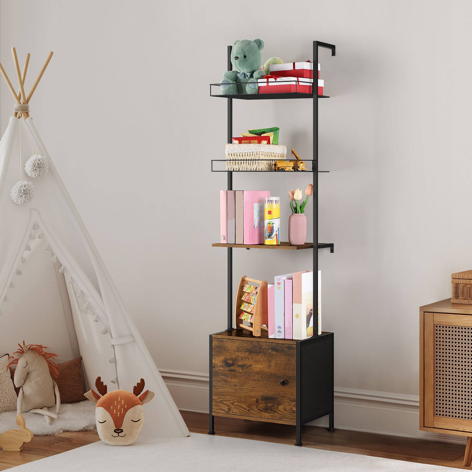 Alt View 3. Oumilen - 4-Tier Ladder Style Storage Shelf with Lockable Cabinet, Matte Black Metal Frame Dark Ash Wood Grain Display Rack, Brown - Brown.