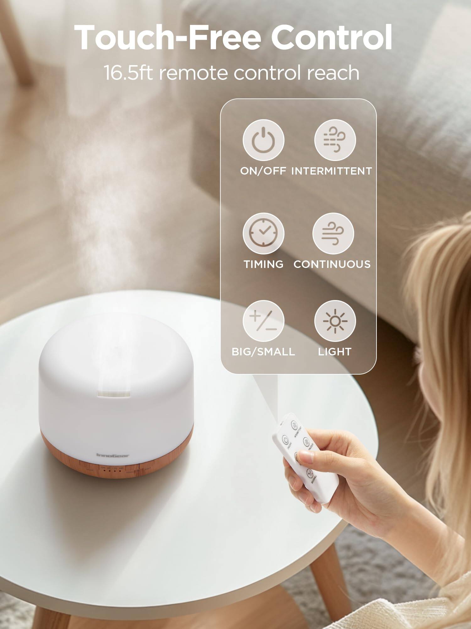 Touch-Free Control  
16.5ft remote control reach  

ON/OFF  
INTERMITTENT  
TIMING  
CONTINUOUS  
BIG/SMALL  
LIGHT