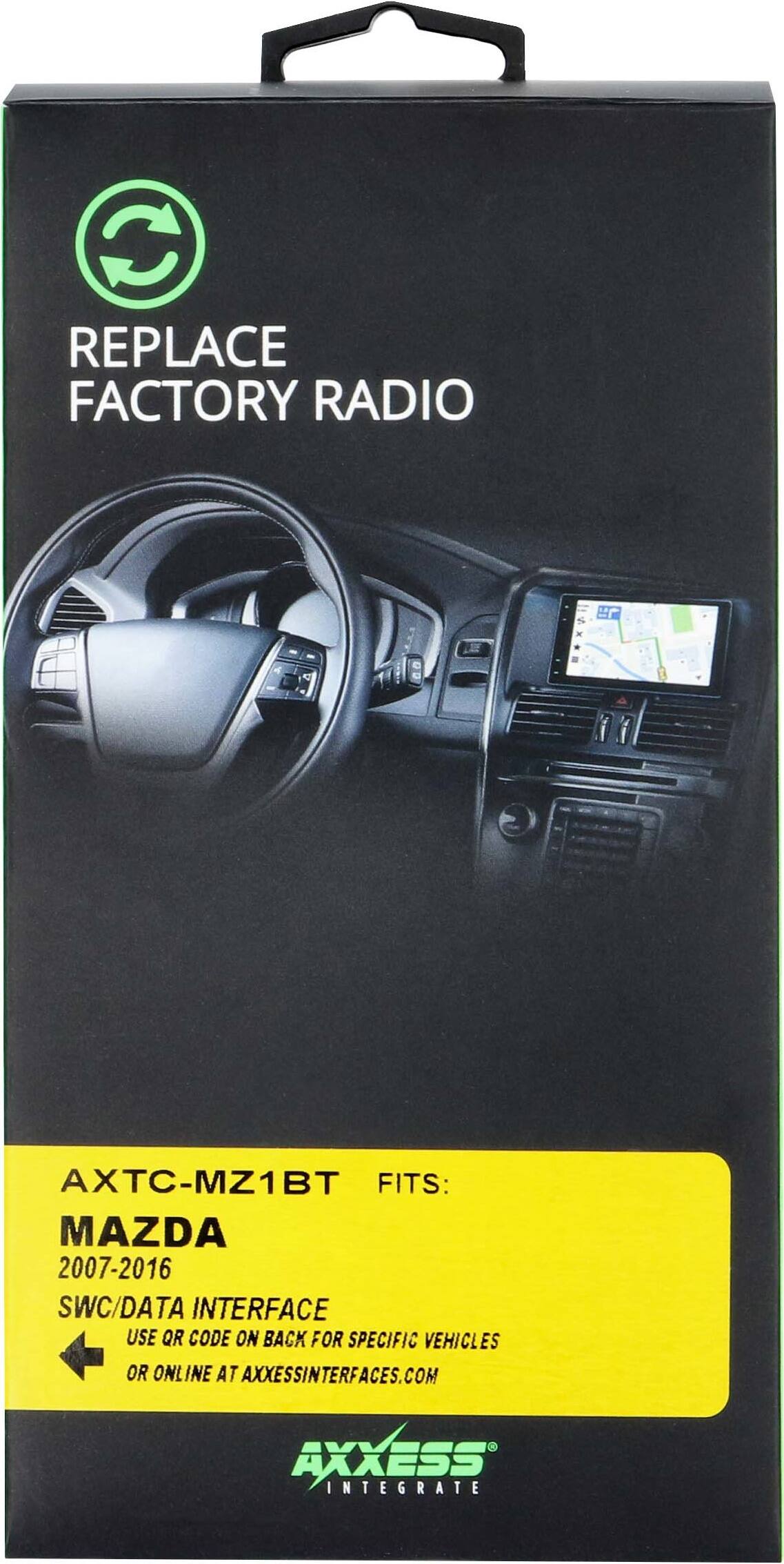 Replace Factory Radio AXTC-MZ1BT Fits: Mazda 2007-2016 SWC/Data Interface Use QR Code on back for specific vehicles or online at axcessinterfaces.com Axxess Integrate.
