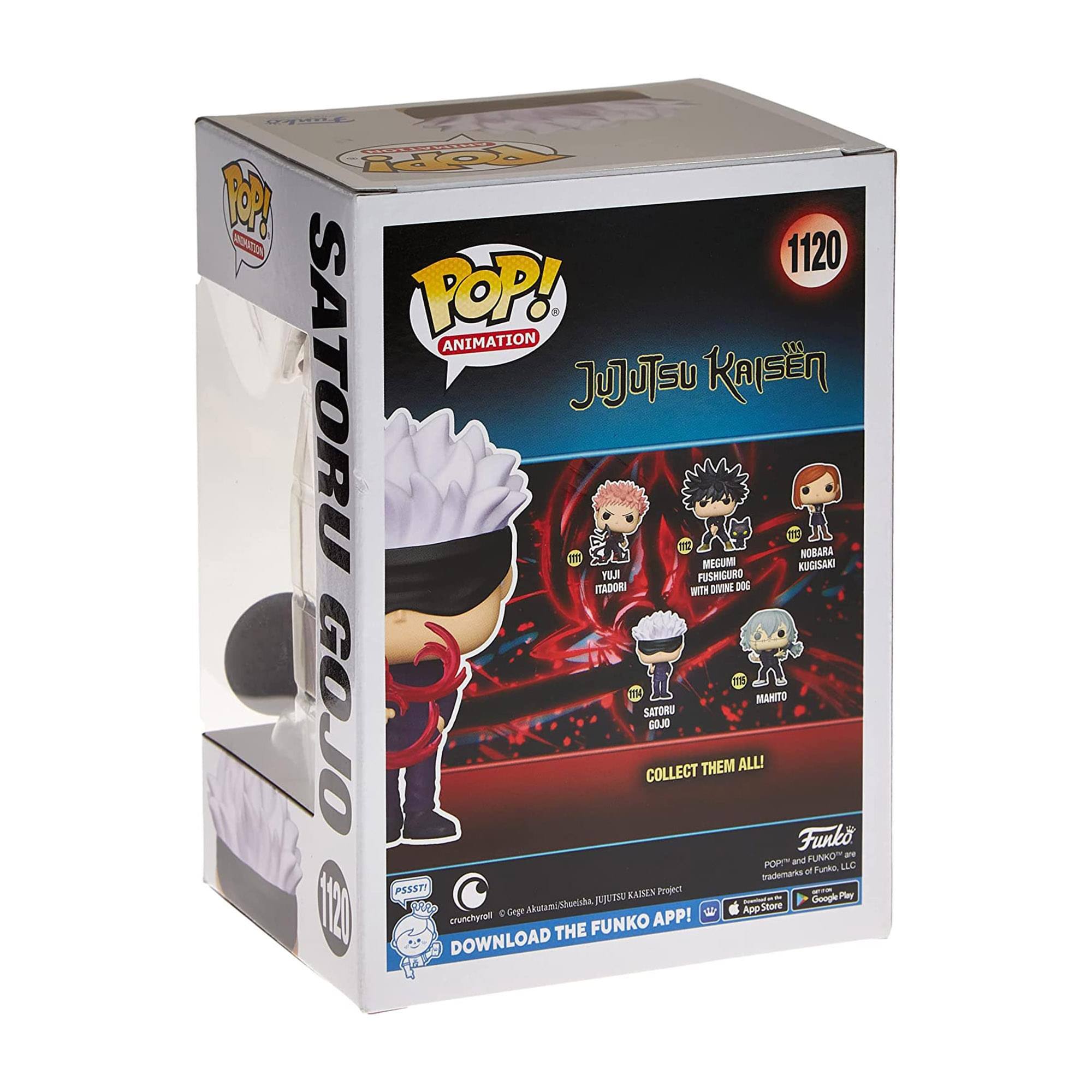 Sure, here is the corrected and grouped text from the image:

---

**Front:**
- POP! Animation
- 1120
- SATORU GOJO
- JUJUTSU KAISEN
- YUJI ITADORI
- MEGUMI FUSHIGURD
- NOBARA KOGISAKI
- MAHITO GOJO
- COLLECT THEM ALL!
- Funko
- POP! and Funko, LLC
- Trademarks of Funko, LLC
- Download the Funko App!
- App Store
- Google Play

**Side:**
- POP! Animation
- SATORU GOJO
- 1120

**Bottom:**
- PSSST!
- Crunchyroll © Gege Akutami / Jujutsu Kaisen Project
- Download the Funko App!

**Top:**
- POP! Animation

---