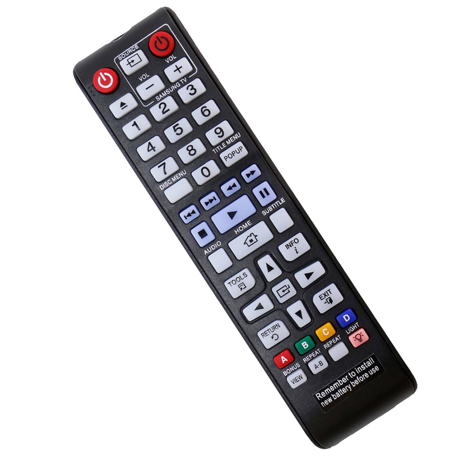 SOURCE VOL + VOL TV - 3 SAMSUNG 2 6 1 5 9 MENU 4 8 TITLE POPUP 7 MENU 0 > DISC MENU DISC 44 " D SUBTITLE H4 HOME AUDIO INFO i A TOOLS EXIT -9 Y D RETURN C LIGHT G REPEAT A REPEAT BONUS A-B install to use VIEW Remember before battery new