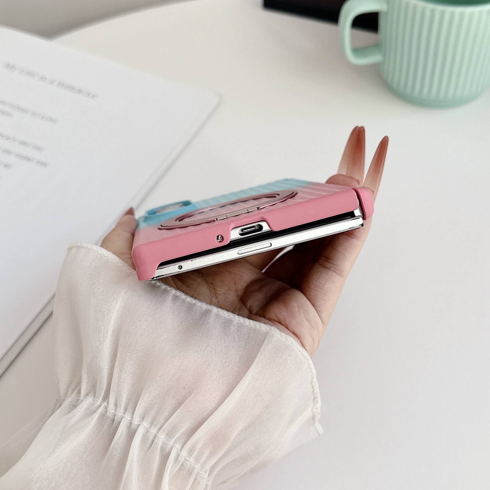 Alt View 3. Dteck - Gradient Kickstand Case for Samsung Galaxy Z Fold8, Non-Slip Hard PC Back Cover, Qi Wireless Charging Shockproof Shell - Blue/Pink.