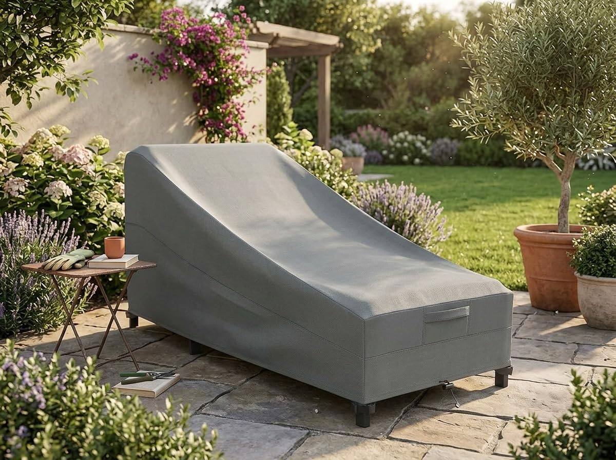 Left. KHOMO GEAR - Chaise Lounge Cover Waterproof, Outdoor Patio Lounge Chair Cover with Air Vents and Leg Straps - 78"L x 35.5"W x 33"H - Gray.