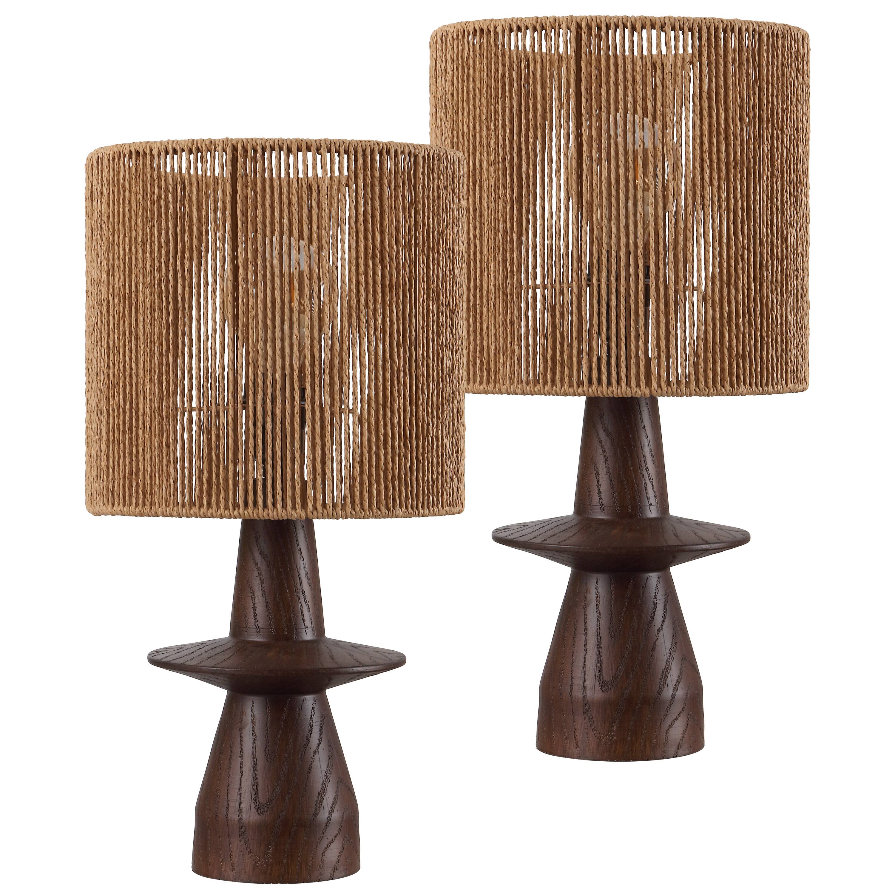Alt View 7. Jonathan Y - Rickie 19 in. Sculptural Resin with Hand-Woven Paper Rope Drum Shade LED Table Lamp, Dark Brown Wood Finish (Set of 2) - Dark Brown Wood Finish.