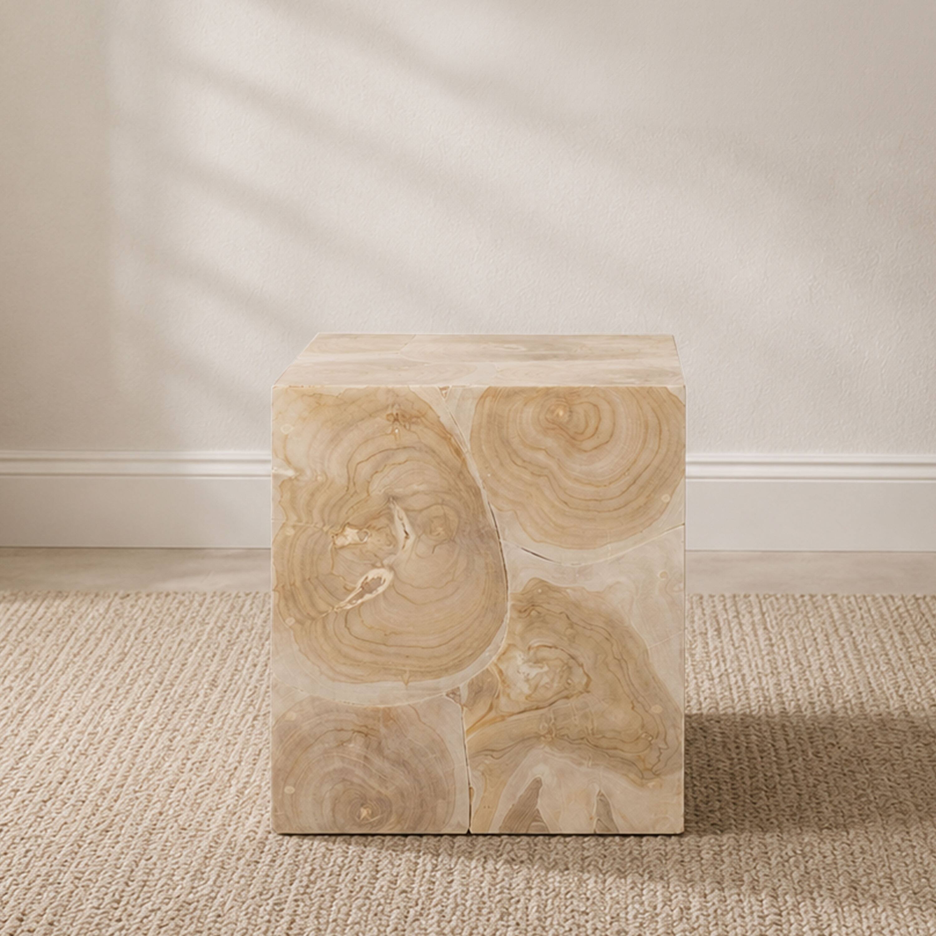 Alt View 3. Manhattan Lane - Sira Mosaic Side End Table, Hand Oiled Natural Brown Finish, 20 Inch Solid Teak Wood Slice Cube - Natural Brown.