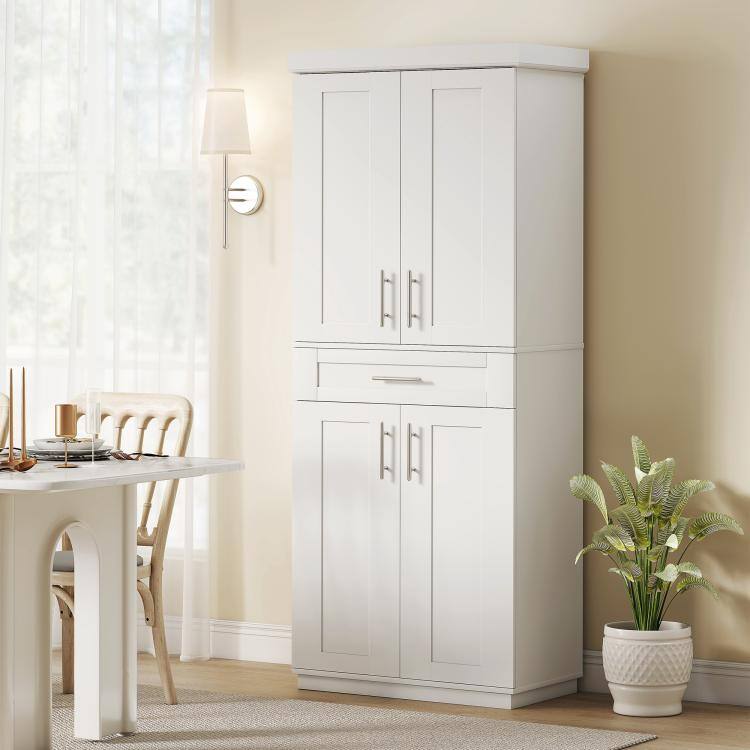 Alt View 2. PULUZ - Modern Kitchen Pantry Freestanding Cabinet Cupboard with Doors and Drawer, Adjustable Shelving - White.