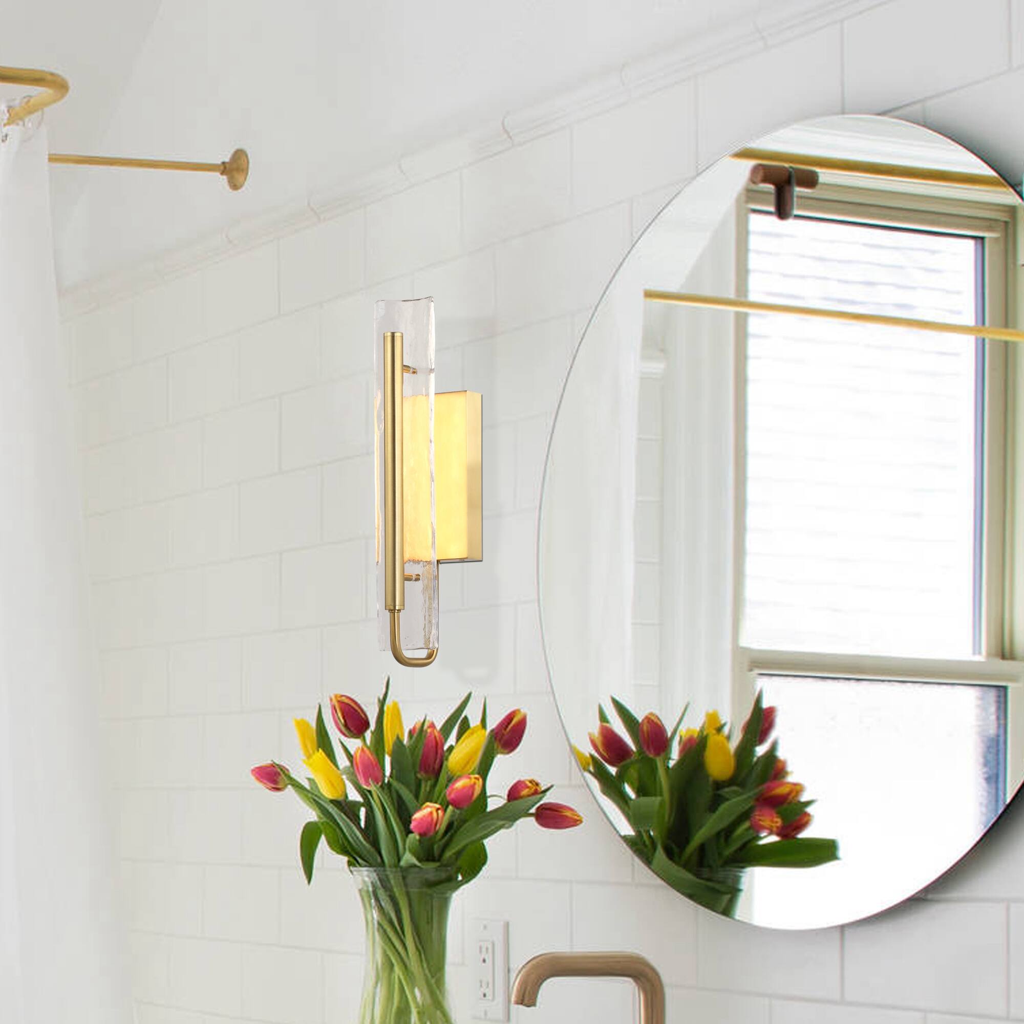 Angle. Perimost - Modern 1-Light LED Gold Wall Light with Glass Shade - Gold.