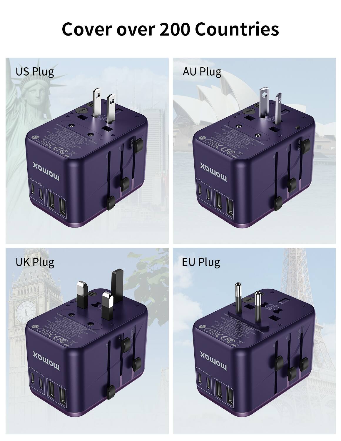 Cover over 200 Countries:

1. US Plug
2. AU Plug
3. UK Plug
4. EU Plug
5. ODCEFC ooww 0DCEFC C EFC momax